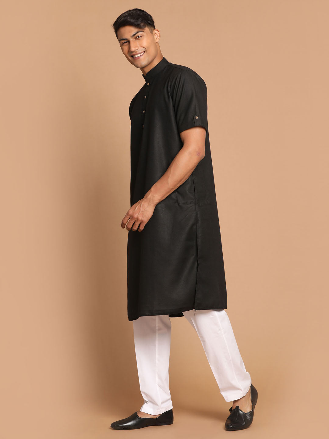 Vastramay mens black solid kurta with white pant style cotton pyjama set
