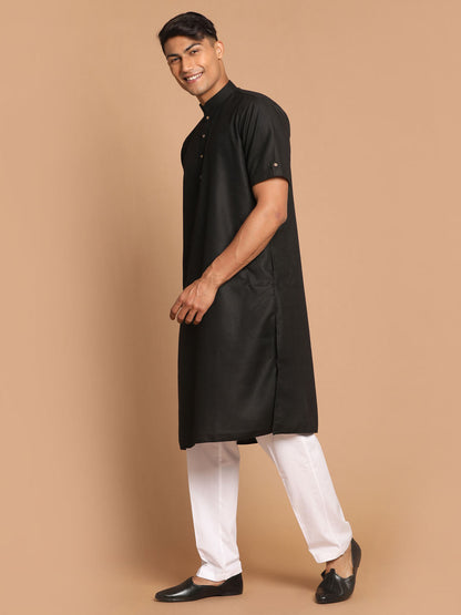 Vastramay mens black solid kurta with white pant style cotton pyjama set