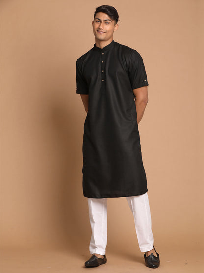 Vastramay mens black solid kurta with white pant style cotton pyjama set
