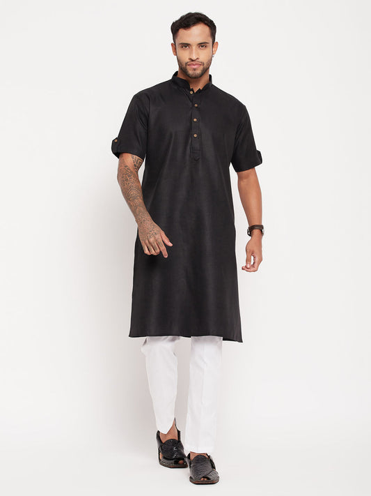 vastramay mens black solid kurta with white pant style pyjama set
