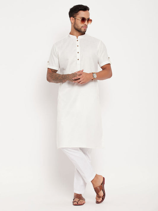vastramay mens cream solid kurta with white pant style pyjama set