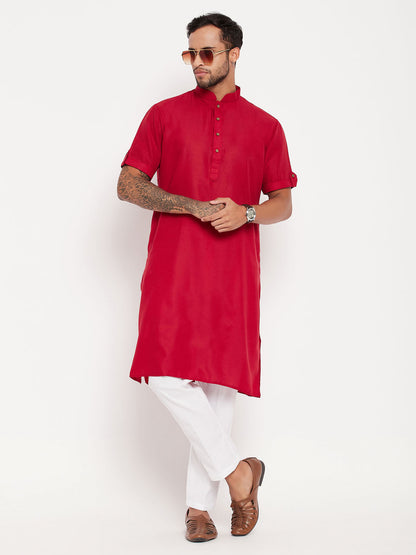 VM By VASTRAMAY Men's Maroon Solid Kurta with White Pant style Cotton Pyjama Set