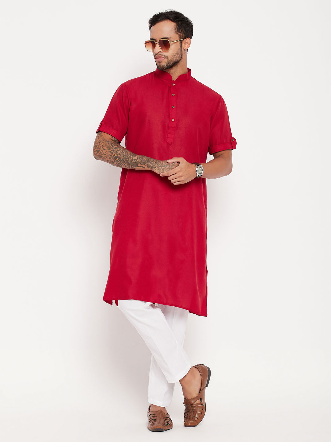 VASTRAMAY Men's Maroon Solid Kurta with White Pant style Cotton Pyjama Set