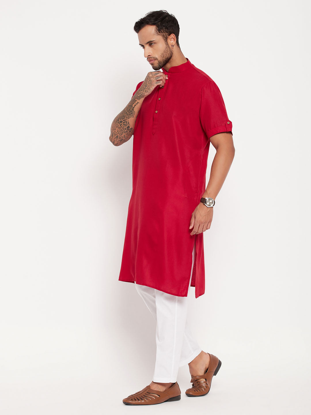 VASTRAMAY Men's Maroon Solid Kurta with White Pant style Cotton Pyjama Set