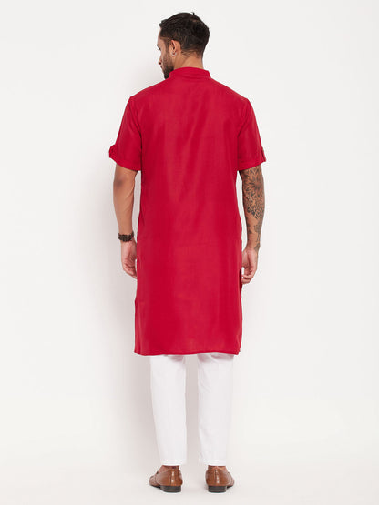 VASTRAMAY Men's Maroon Solid Kurta with White Pant style Cotton Pyjama Set