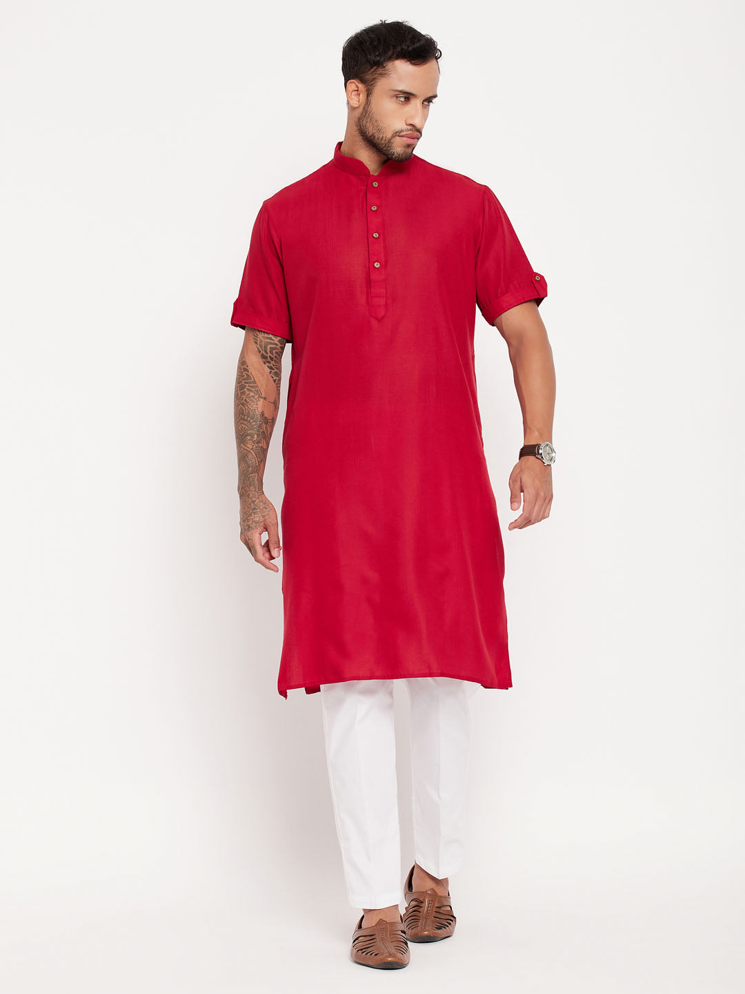 VASTRAMAY Men's Maroon Solid Kurta with White Pant style Cotton Pyjama Set