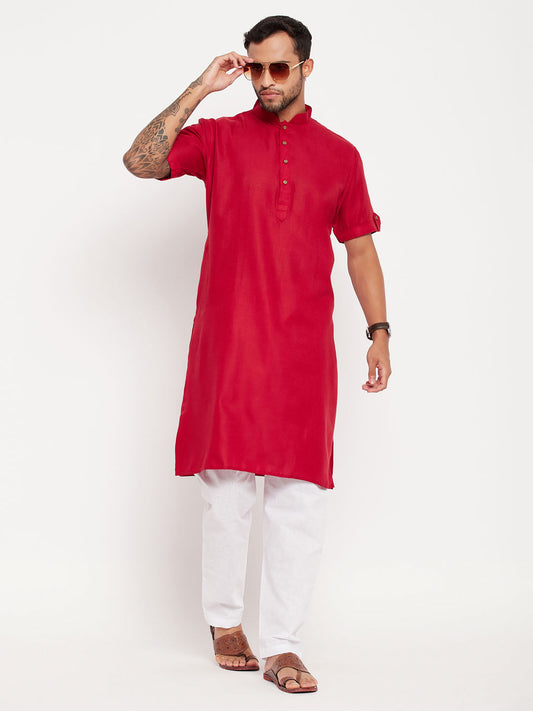 VM By VASTRAMAY Men's Maroon Solid Kurta with White Pyjama Set