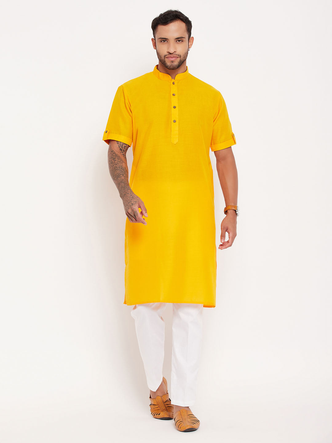 vastramay mens mustard solid kurta with white pant style pyjama set