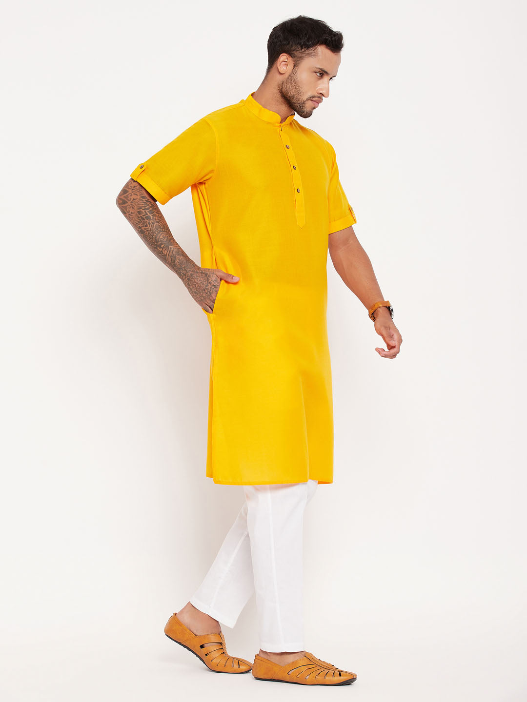 vastramay mens mustard solid kurta with white pant style pyjama set