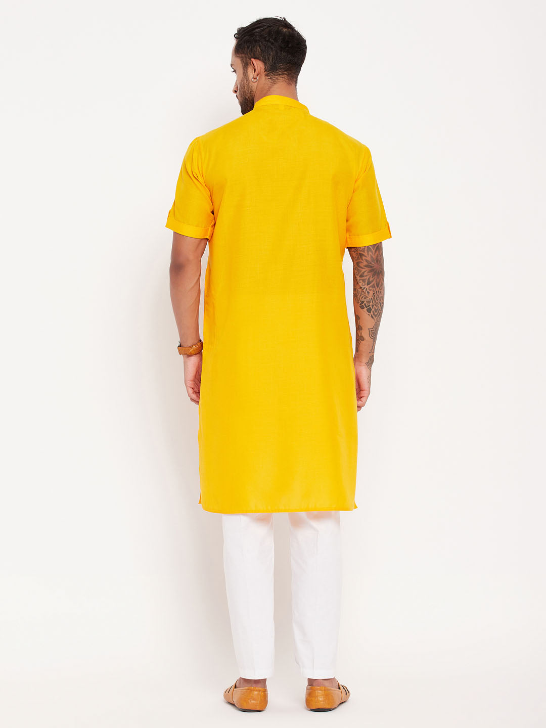 vastramay mens mustard solid kurta with white pant style pyjama set