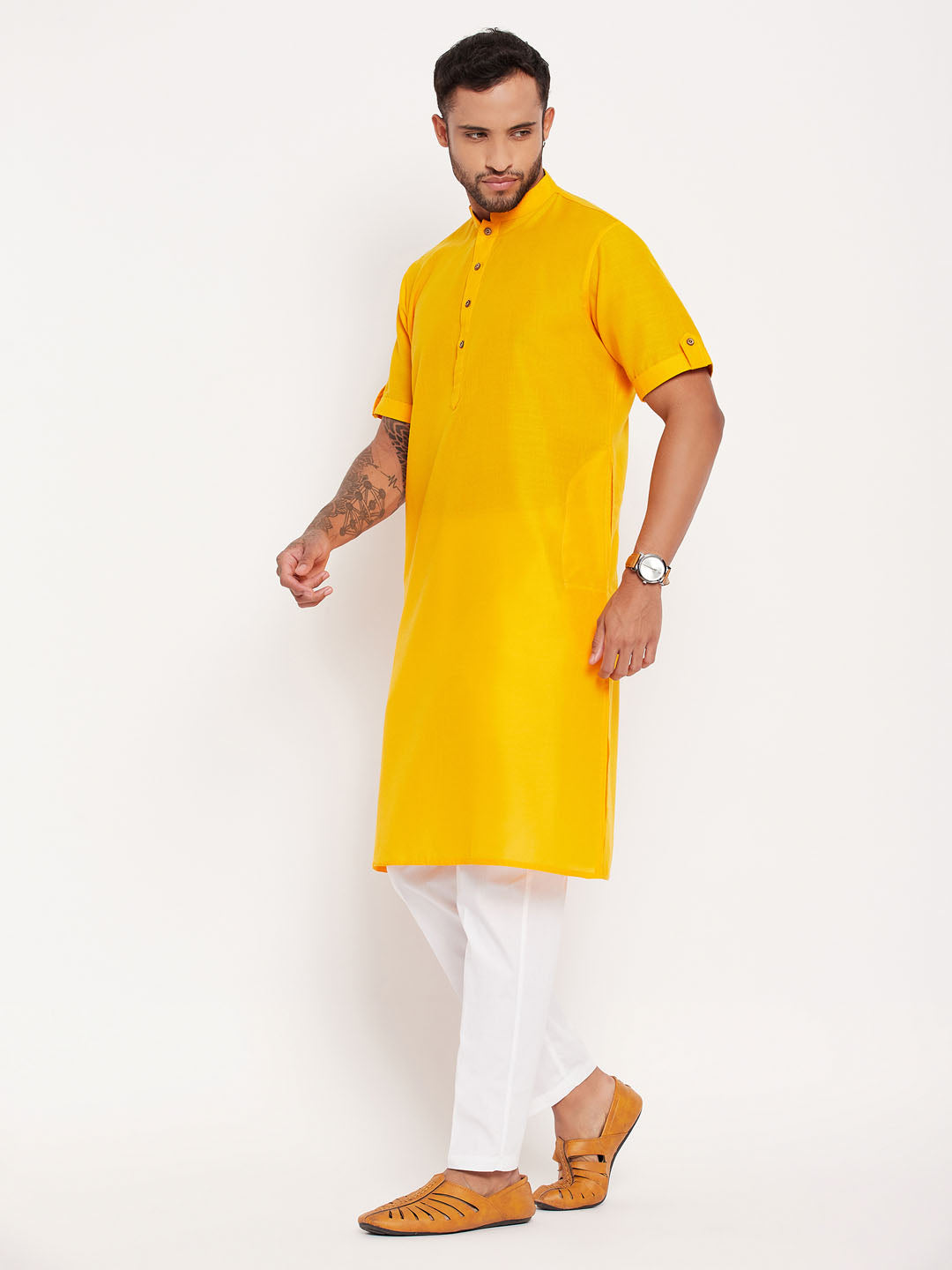 vastramay mens mustard solid kurta with white pant style pyjama set