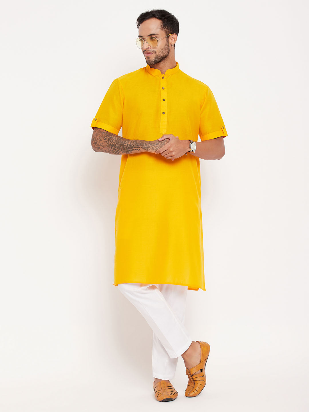 vastramay mens mustard solid kurta with white pant style pyjama set