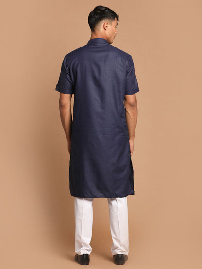 Vastramay mens navy blue solid kurta with white pant style cotton pyjama set