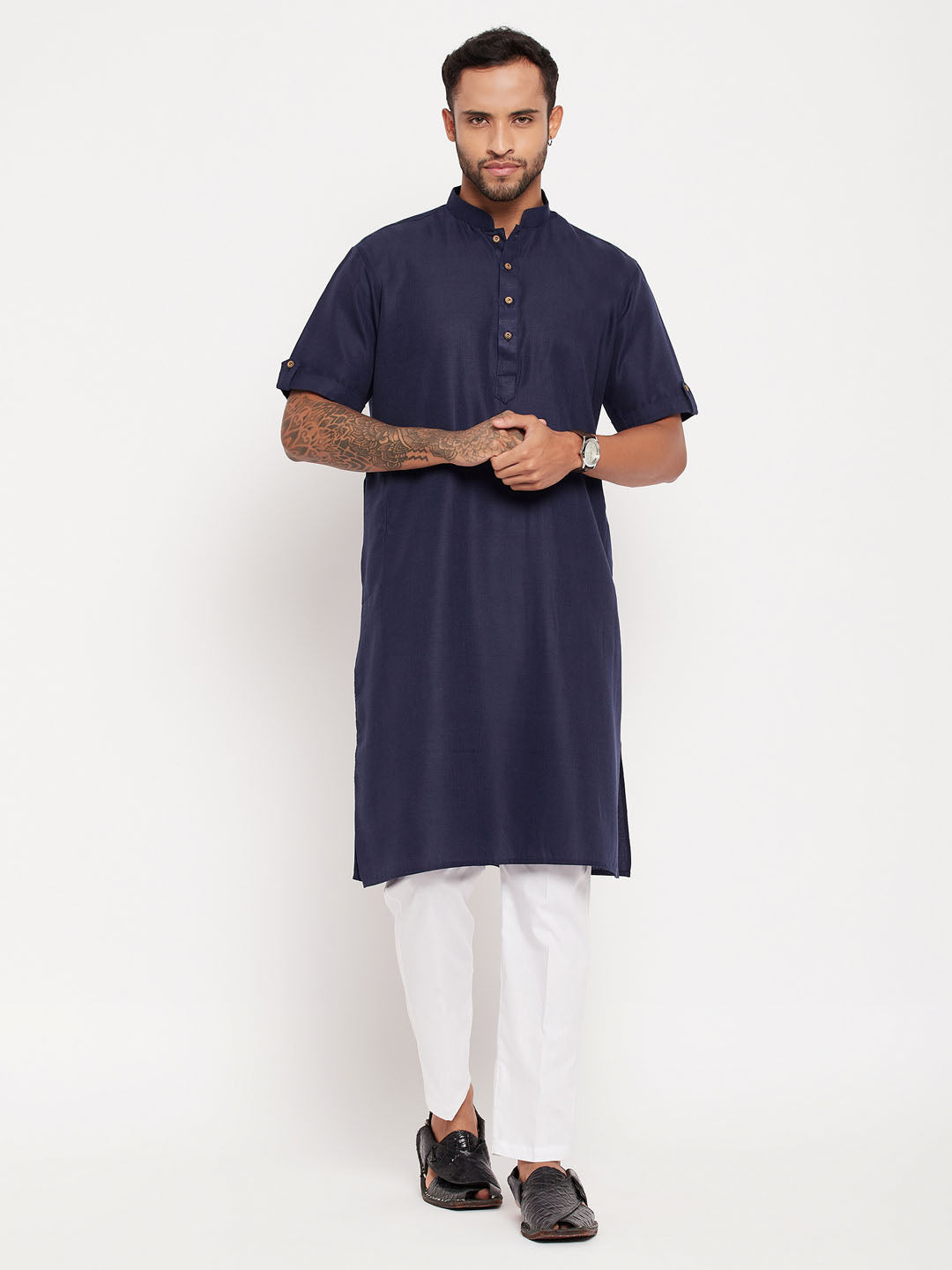 VASTRAMAY Men's Navy Blue Solid Kurta with White Pant style Cotton Pyjama Set