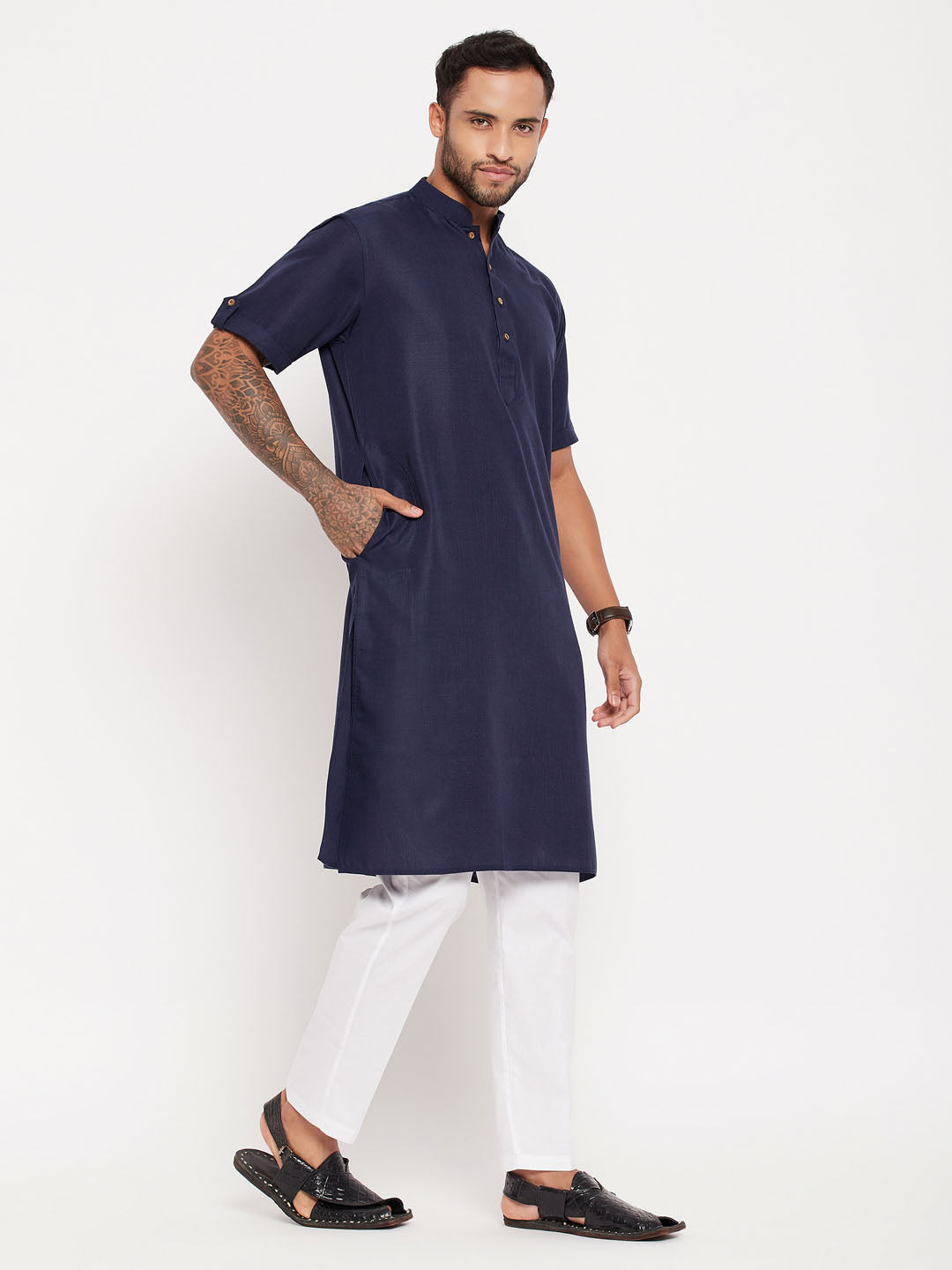 VASTRAMAY Men's Navy Blue Solid Kurta with White Pant style Cotton Pyjama Set