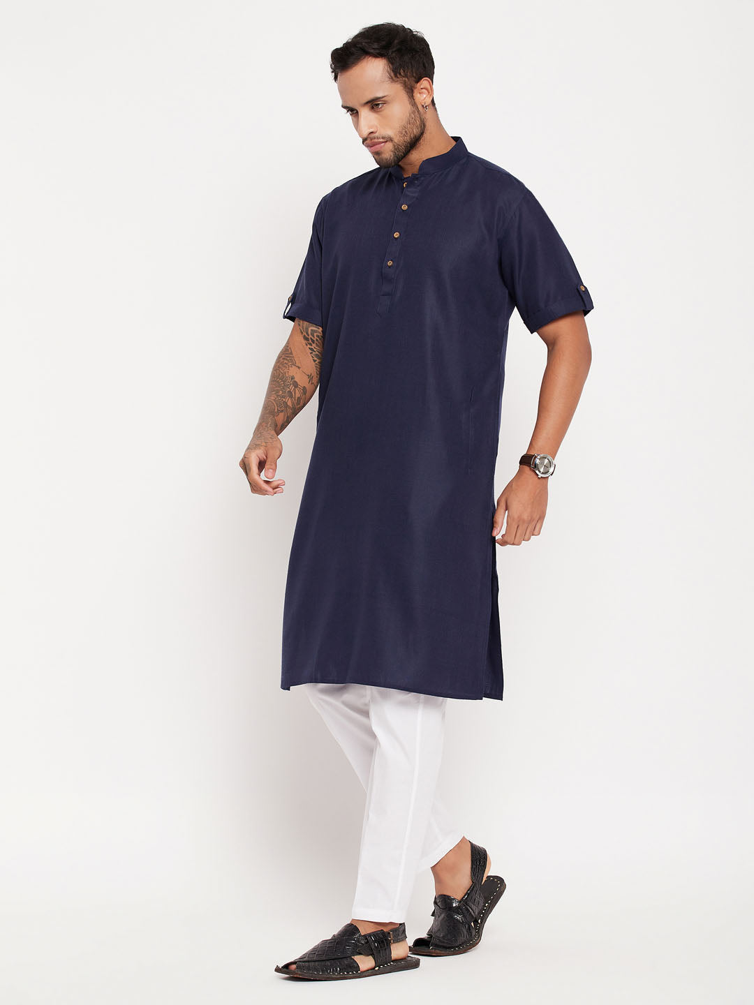 VASTRAMAY Men's Navy Blue Solid Kurta with White Pant style Cotton Pyjama Set