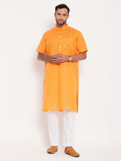 Vastramay mens orange solid kurta with white pant style pyjama set