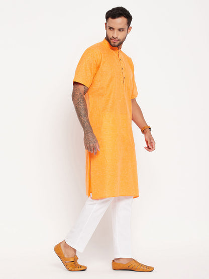 Vastramay mens orange solid kurta with white pant style pyjama set