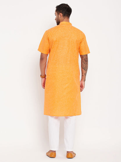 Vastramay mens orange solid kurta with white pant style pyjama set