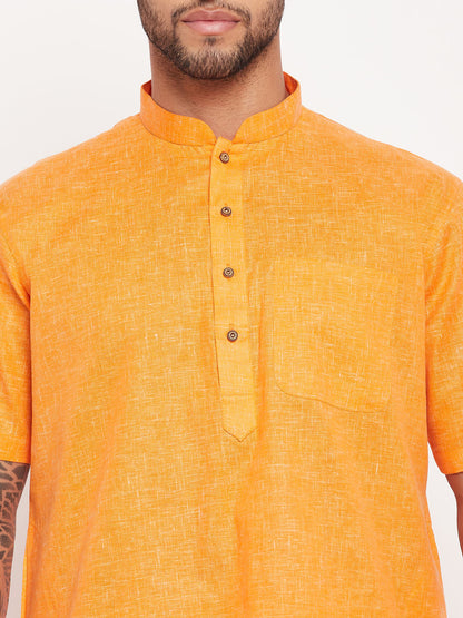 Vastramay mens orange solid kurta with white pant style pyjama set