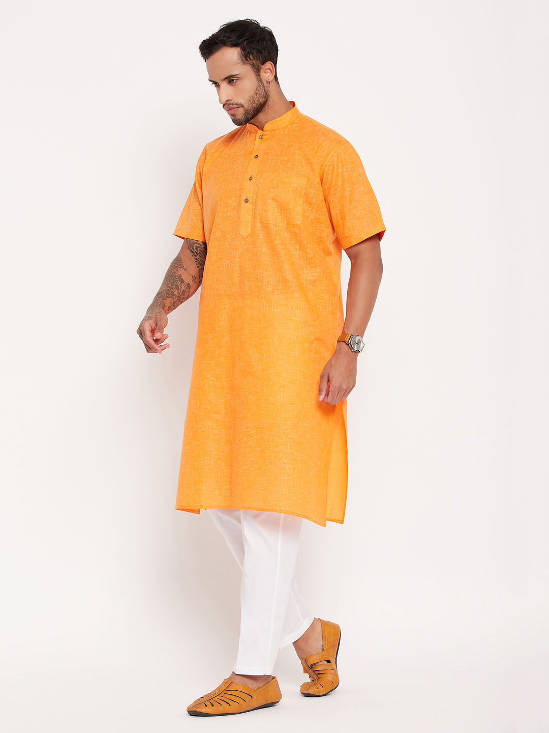 Vastramay mens orange solid kurta with white pant style pyjama set