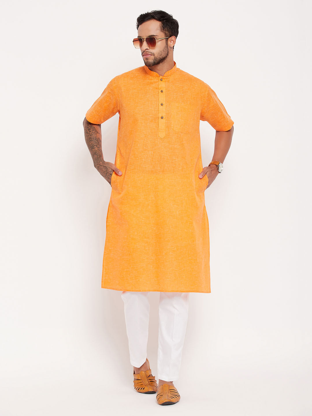 Vastramay mens orange solid kurta with white pant style pyjama set