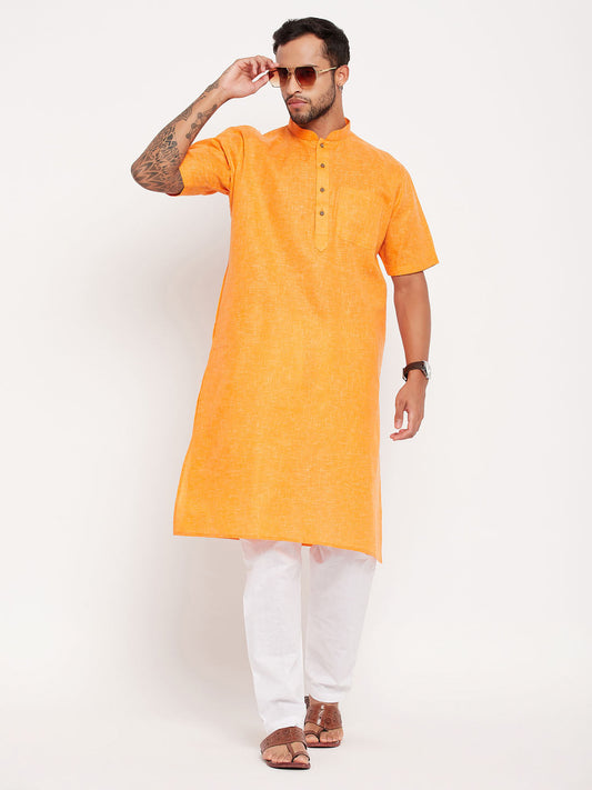 Vastramay mens orange solid kurta with white pyjama set