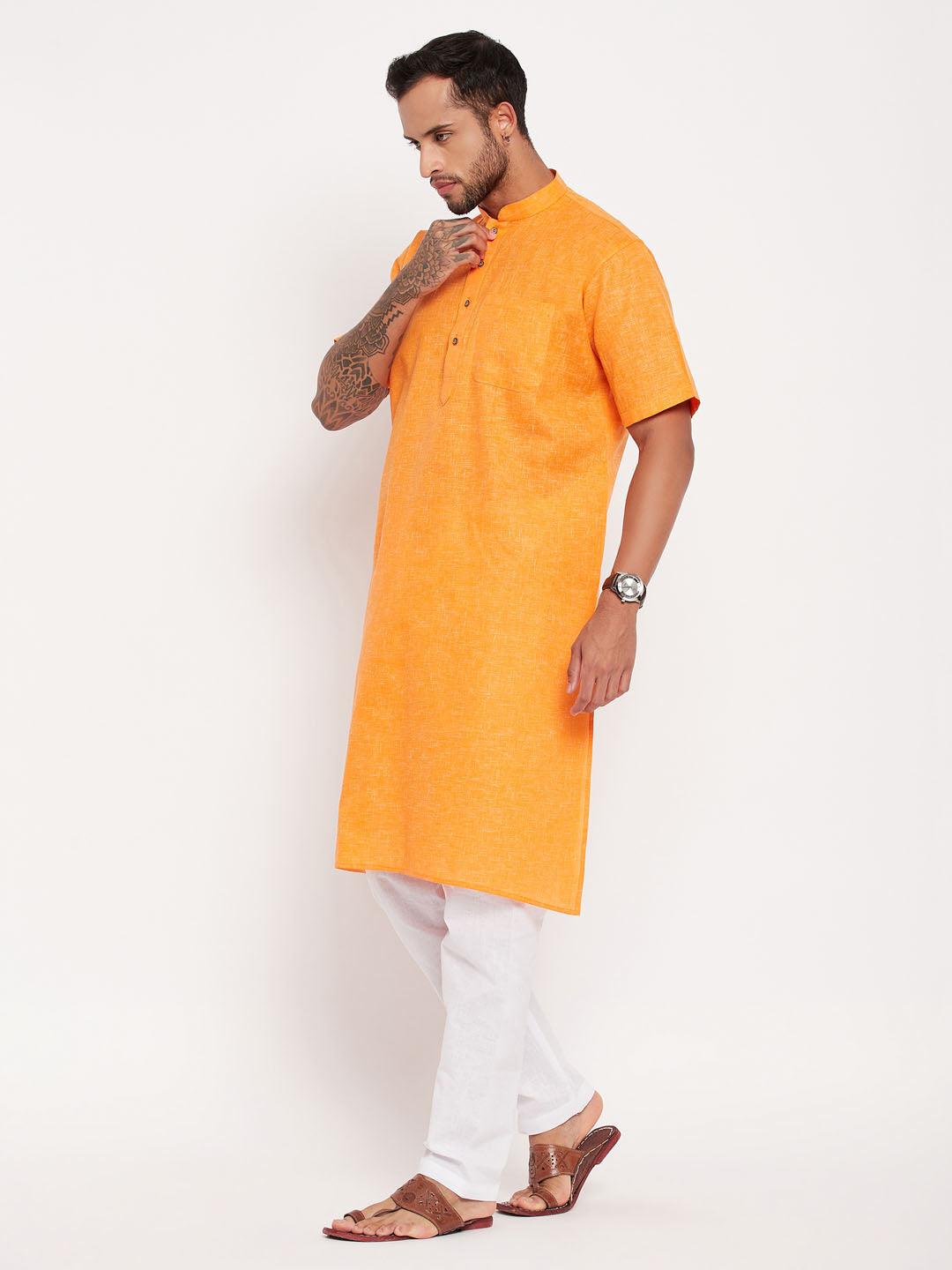 Vastramay mens orange solid kurta with white pyjama set