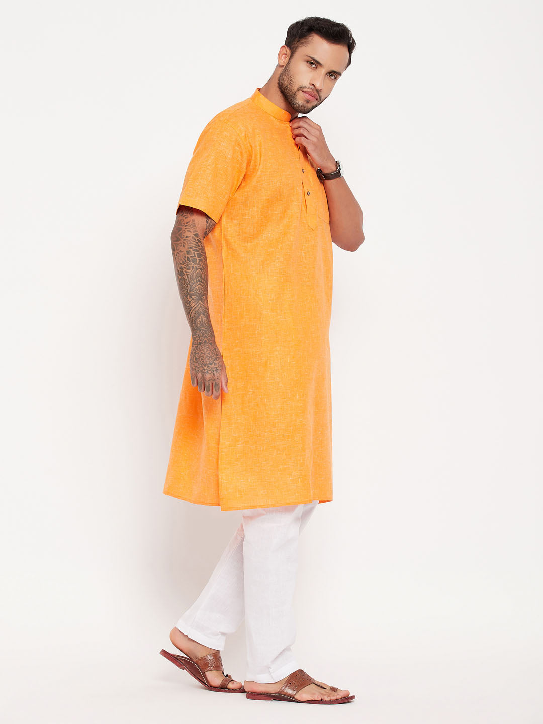 Vastramay mens orange solid kurta with white pyjama set