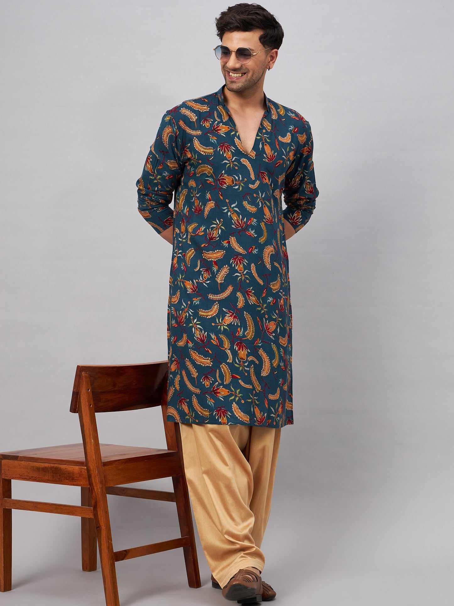 VASTRAMAY Men's Blue Printed Kurta