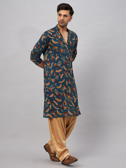 VASTRAMAY Men's Blue Printed Kurta with Patiala Set