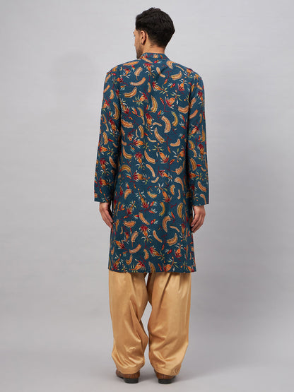 VASTRAMAY Men's Blue Printed Kurta with Patiala Set