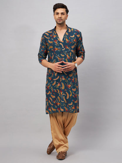 VASTRAMAY Men's Blue Printed Kurta with Patiala Set