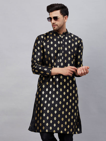 VM By VASTRAMAY Men's Black Foil Print Silk Blend Kurta