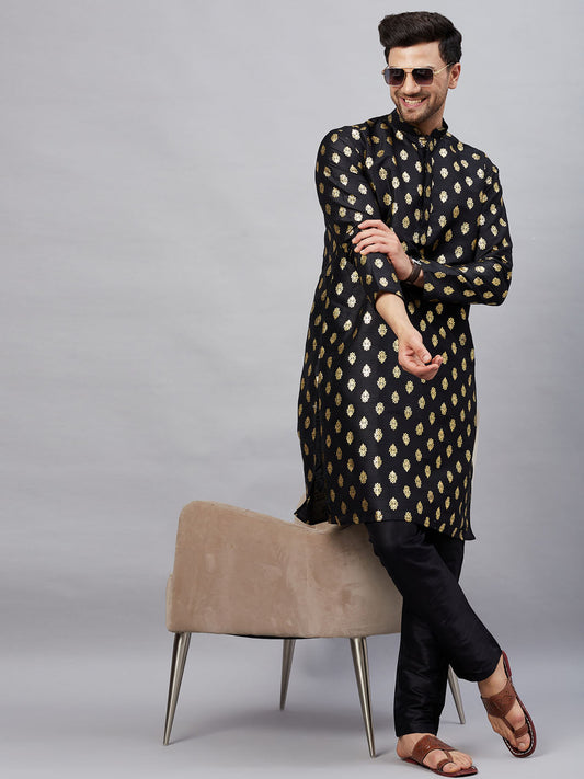 vastramay mens black foil printed silk blend kurta and solid pant style pyjama set