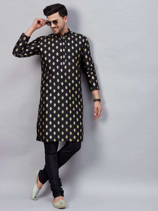 vastramay mens black foil printed silk blend kurta and solid pyjama set