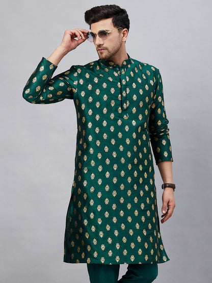 VM By VASTRAMAY Men's Green Foil Print Silk Blend Kurta