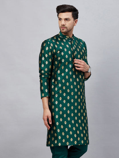 VASTRAMAY Men's Green Foil Print Silk Blend Kurta