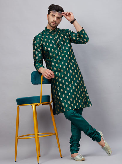 VASTRAMAY Men's Green Foil Print Silk Blend Kurta