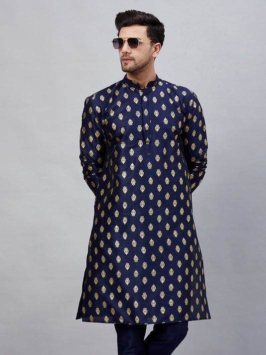 VM By VASTRAMAY Men's Navy Blue Foil Print Silk Blend Kurta