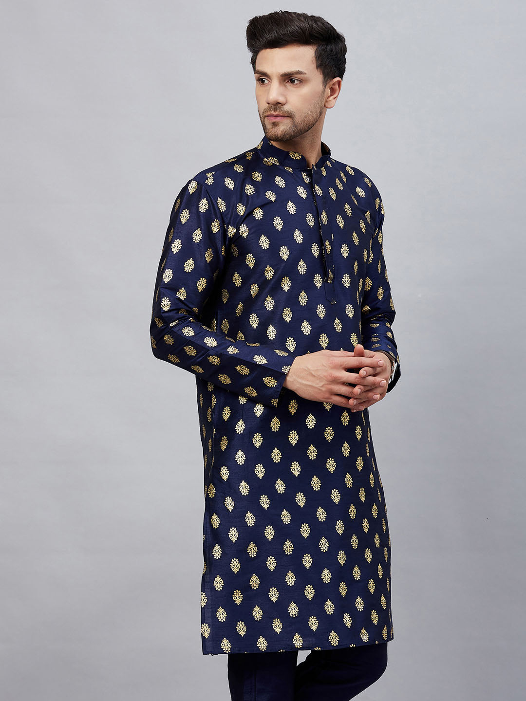 VASTRAMAY Men's Navy Blue Foil Print Silk Blend Kurta