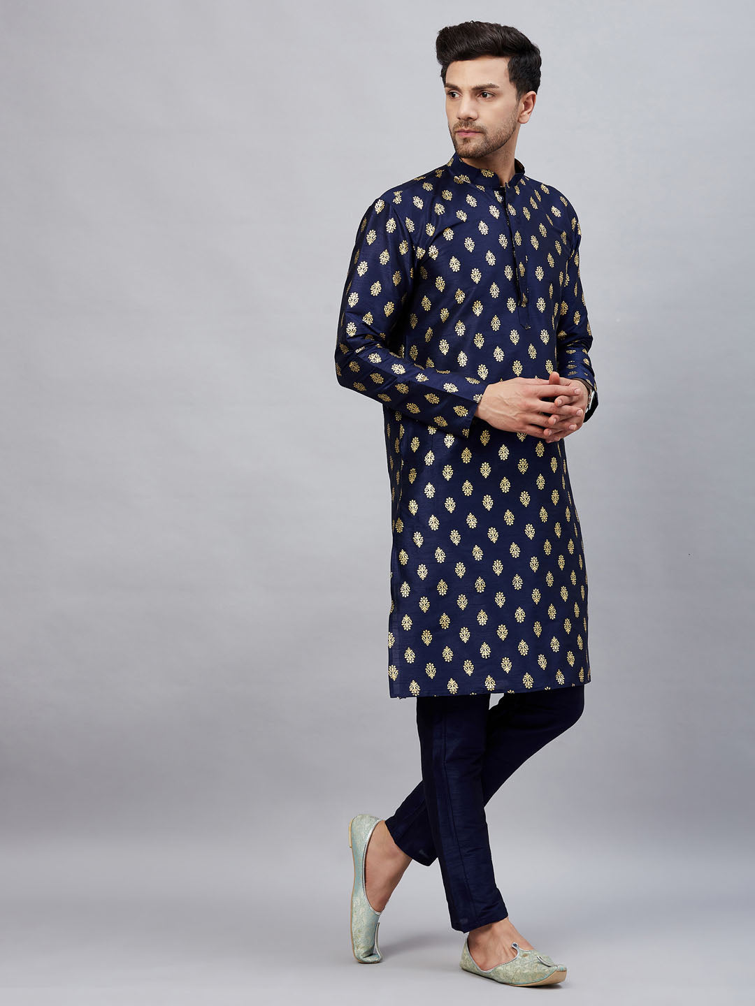 vastramay mens navy blue foil printed silk blend kurta and solid pant style pyjama set