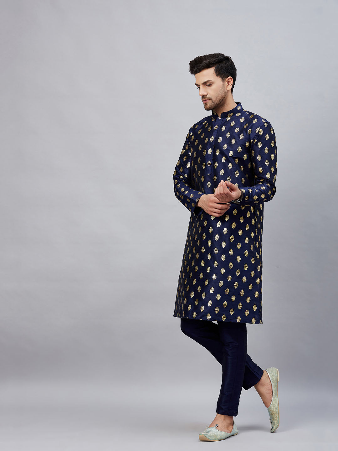 vastramay mens navy blue foil printed silk blend kurta and solid pant style pyjama set