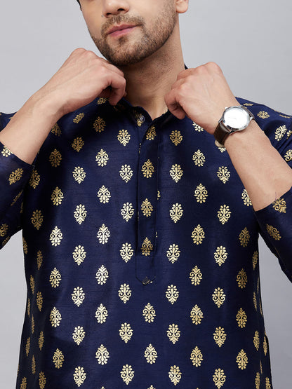 vastramay mens navy blue foil print silk blend kurta