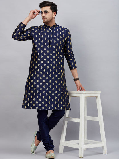 vastramay mens navy blue foil print silk blend kurta