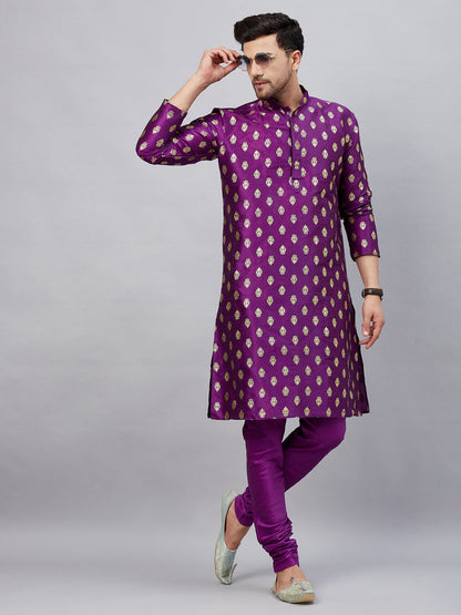 VASTRAMAY Men's Purple Foil Print Silk Blend Kurta Pyjama Set