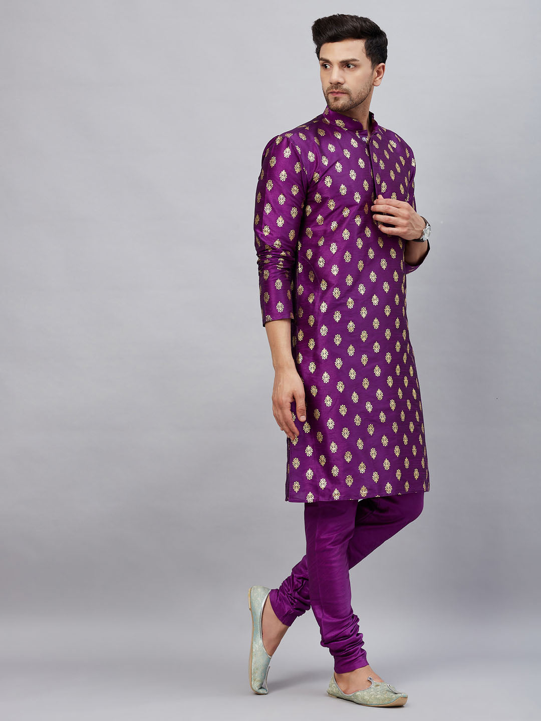 VASTRAMAY Men's Purple Foil Print Silk Blend Kurta Pyjama Set