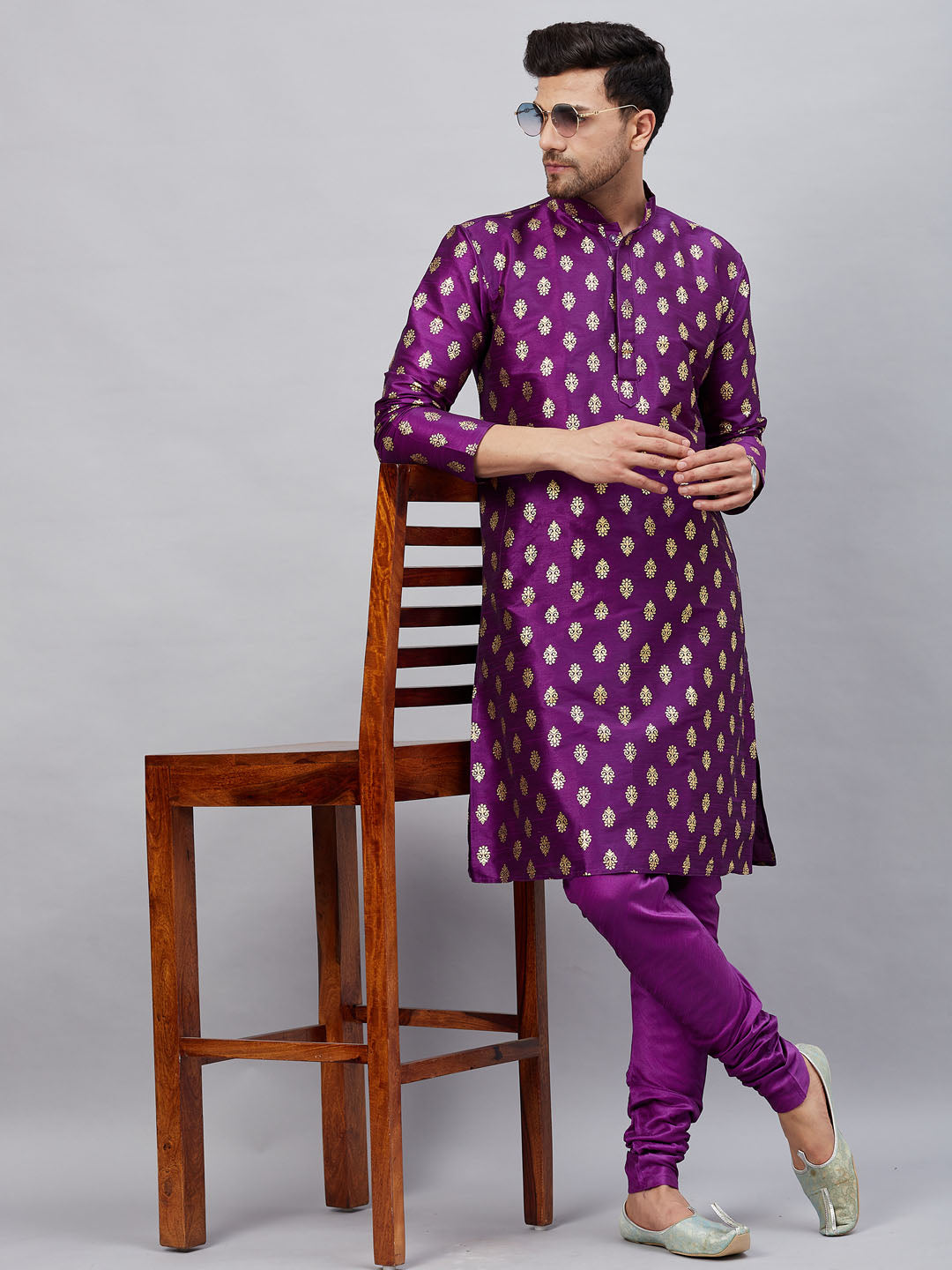 VASTRAMAY Men's Purple Foil Print Silk Blend Kurta Pyjama Set