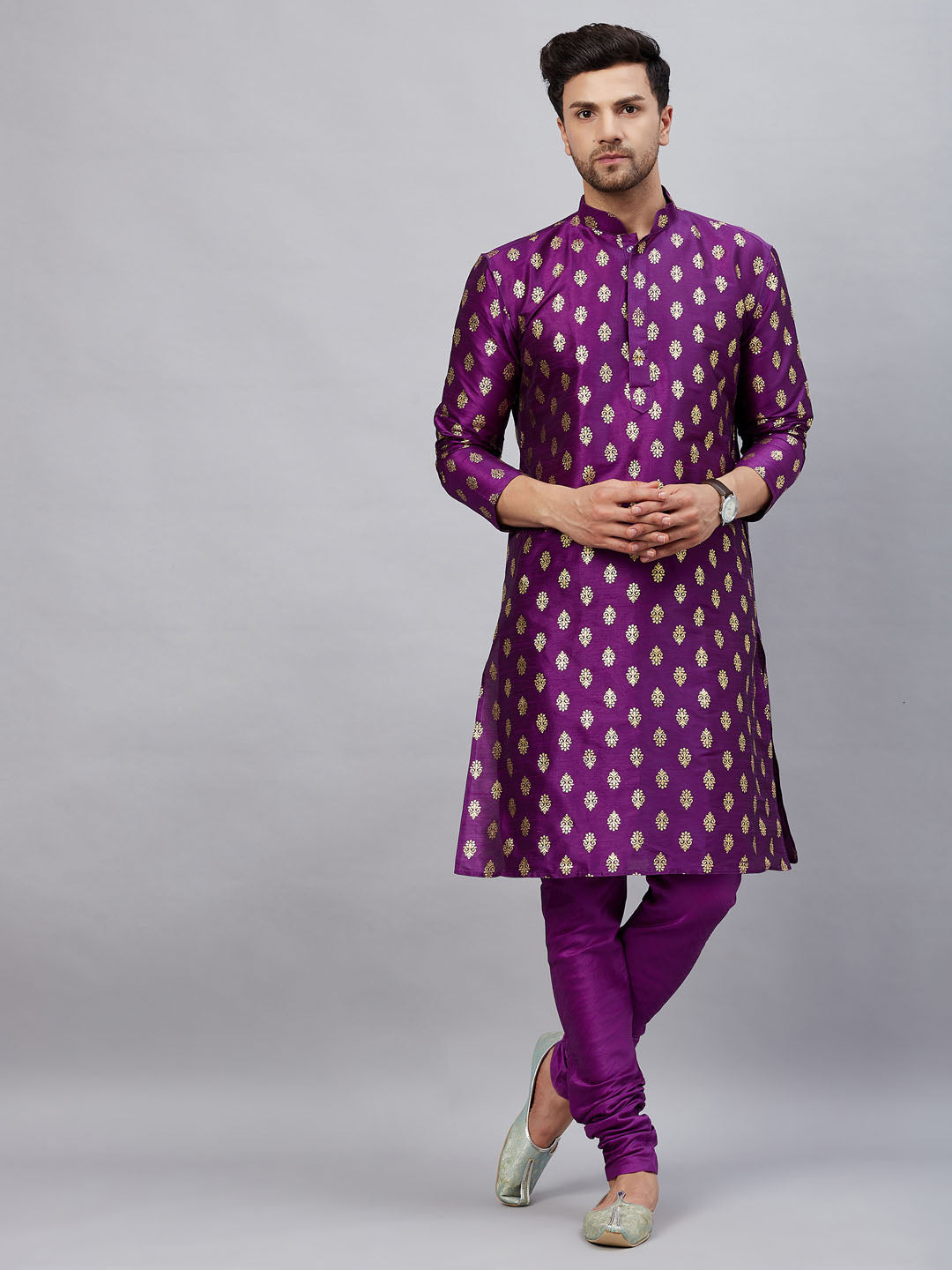 VASTRAMAY Men's Purple Foil Print Silk Blend Kurta Pyjama Set