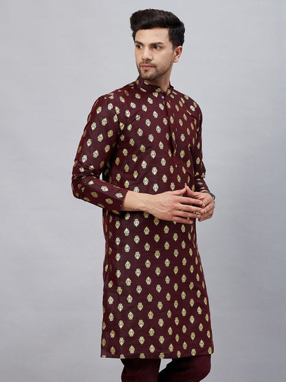 VASTRAMAY Men's Wine Foil Print Silk Blend Kurta